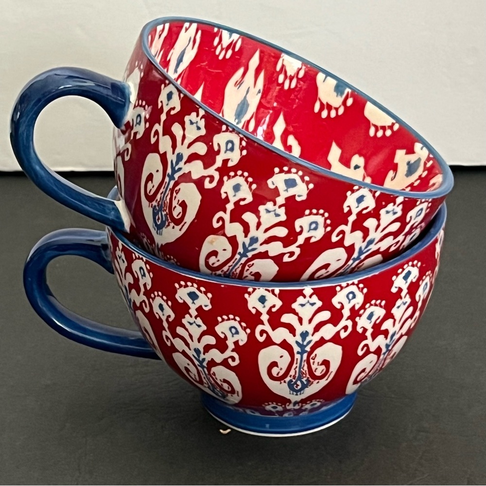 Set of 2 Dash of That Red and Blue Patterned Teacups Coffee Mugs